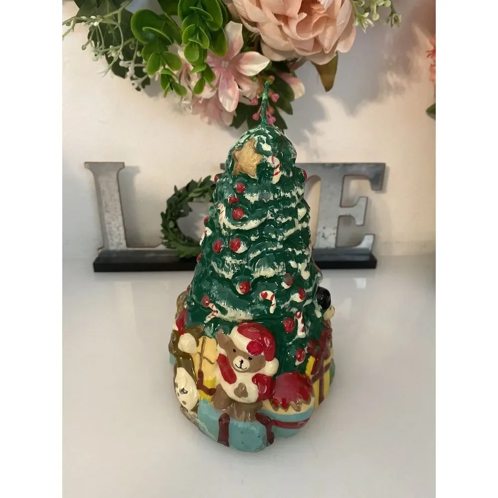 Christmas Tree with Toys & Presents Wax Candle Vintage 1960's Holiday Gift‎ EUC